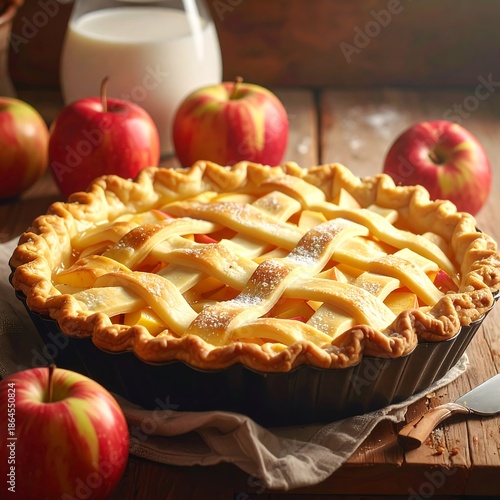 Delicious apple pie with lattice crust, apples, and milk