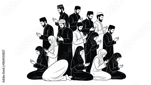 Group of muslim people praying together in black and white illustration