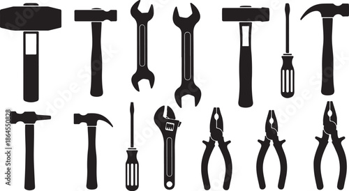 Collection of various black silhouetted hand tools on white background