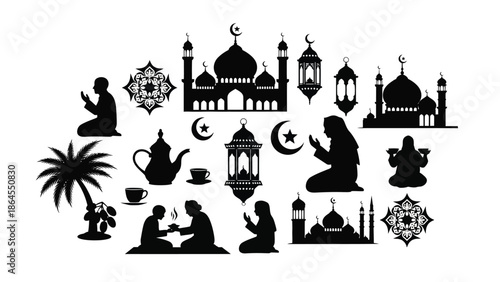 Ramadan kareem silhouette collection with mosque and people praying