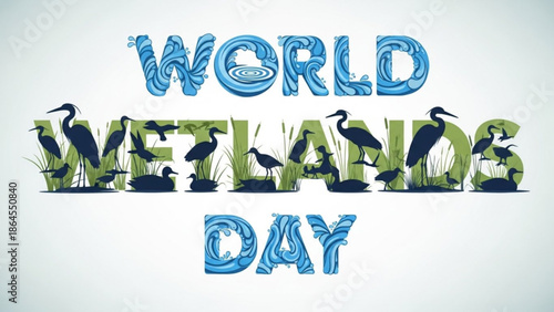 World wetlands day with herons and plants on white background for conservation and ecosystem awareness with environment and nature and wildlife
