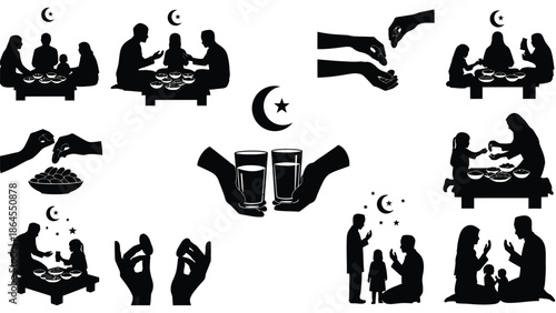 Collection of silhouettes illustrating muslim family breaking fast together