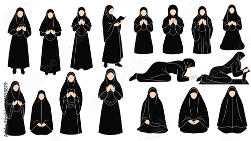 Collection of nuns praying and meditating in various postures