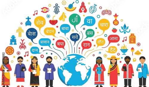 Diverse group of people standing around a central globe sharing various words in different languages demonstrating global communication and cultural understanding visually