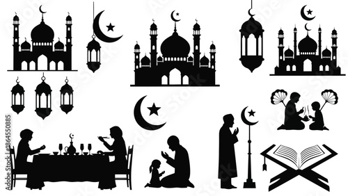Ramadan kareem silhouette collection with mosque and people