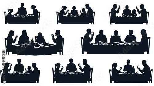 People eating together at dining table silhouette collection