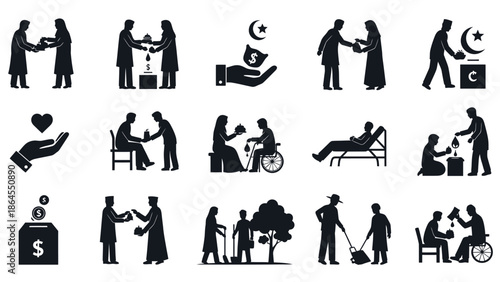 Charity and donation icons representing humanitarian aid and support