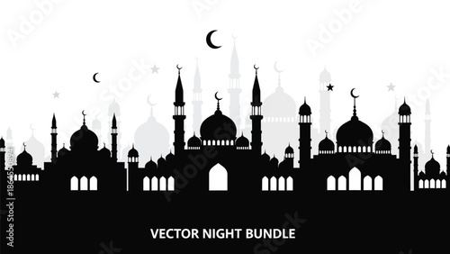 Beautiful mosque silhouette at night with crescent moon