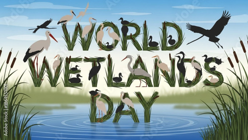 World wetlands day celebration with birds and water landscape illustration with nature and conservation and ecosystem and wildlife and environment