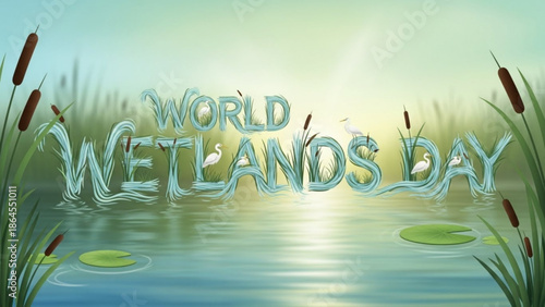 World wetlands day celebration with serene pond landscape and cattails at sunrise with conservation and ecosystem and nature and environment