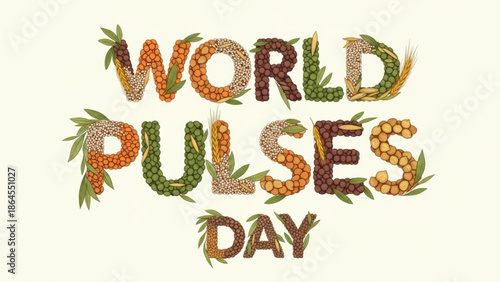World pulses day celebration with colorful pulses and leaves forming the words on cream background with legumes and food and nutrition and health