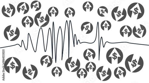 Flat Vector Illustration of a Financial Line Graph with Surrounding Dollar Sign Icons and Up-Down Arrows, Representing Stock Market Volatility, Currency Fluctuations, and Economic Trends