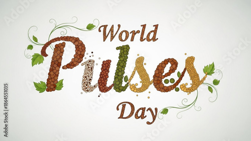 World pulses day celebration with colorful lettering made of various pulses and green leaves on white background with legumes and healthy eating