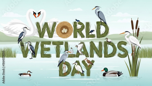World wetlands day illustration with various birds and plants in a serene wetland environment with a nest and eggs with wildlife and conservation