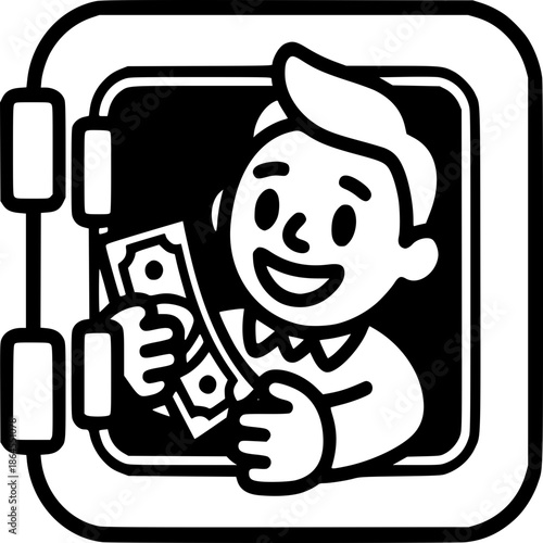Banking on Success: A stylized illustration presents a cheerful character gleefully brandishing currency within the confines of a safe, symbolizing financial security and wealth.