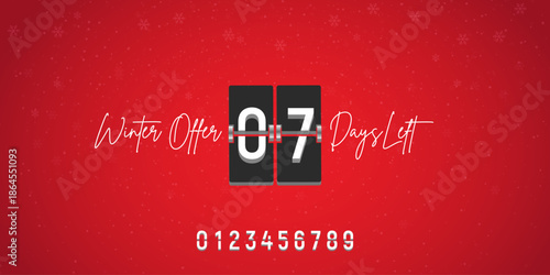 Winter sale countdown banner, editable flip clock days left template with digits set on red snow background for seasonal offer promotion