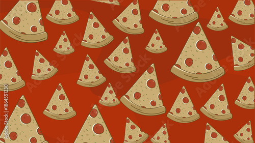 Seamless Hand-Drawn Pizza Slice Pattern on a Vibrant Red Background, Featuring Delicious Pepperoni Toppings and Golden Crust for Fun Culinary Branding and Fast Food Graphic Designs