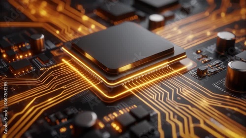 Futuristic computer processor unit with glowing orange data pathways on a high-tech circuit board, representing advanced digital innovation and powerful computing capabilities