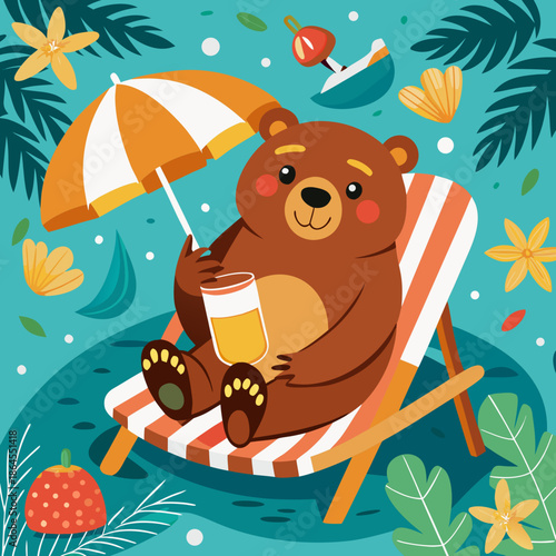 Cute Brown Bear Relaxing on Beach Chair with Sun Umbrella Illustration