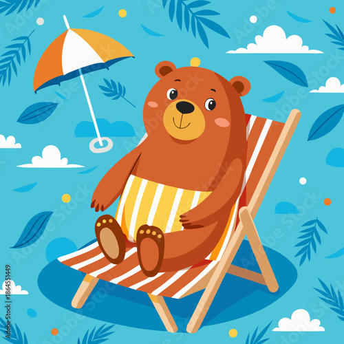 Cute Cartoon Bear Sunbathing on a Deck Chair