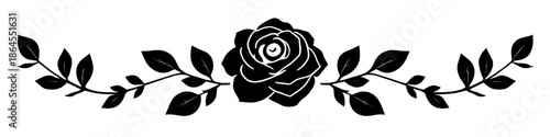 Elegant black rose floral divider with extended leafy branches in a symmetrical ornamental design. Perfect for wedding stationery, luxury branding, romantic headers, vintage layouts, and decorative.