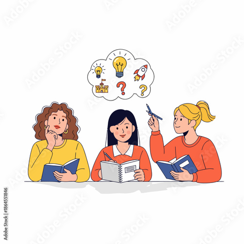 Tre giovani donne studiano e condividono idee, con lampadine e punti interrogativi che simboleggiano la creatività e la risoluzione dei problemi.