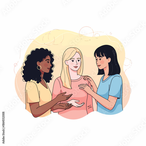 Tre donne di diverse etnie conversano amichevolmente, mostrando supporto e comprensione reciproca in un ambiente sereno.