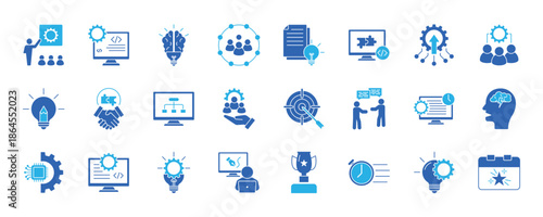 hackathon icon set collection in outline style. icon pack contain code, team, idea, innovate, build, brief, create, pitch, timing, solution, algorithm icon. EPS 10