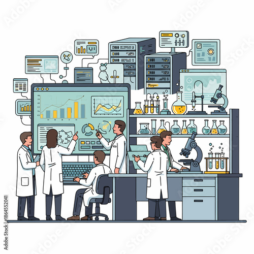 Scienziati in laboratorio che analizzano dati e conducono esperimenti con attrezzature tecnologiche e strumenti di ricerca.