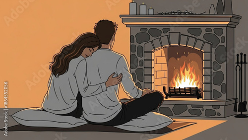 Couple relaxing by a warm fireplace enjoying a cozy evening together romantic atmosphere for winter or holiday season