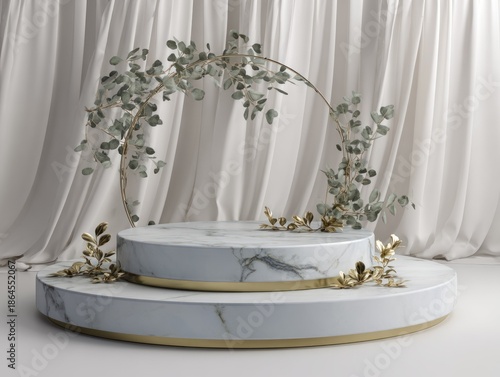Elegant marble podium with floral arrangement and flowing white curtains