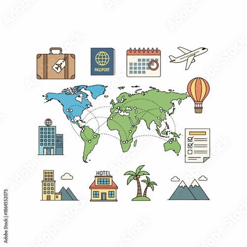 Illustrazione vettoriale di icone di viaggio e turismo con mappa del mondo e punti di riferimento.