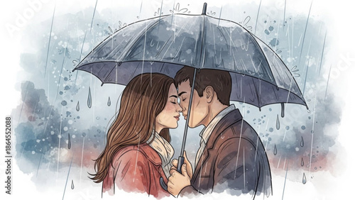 Couple sharing a romantic kiss under a large umbrella during a rainy day watercolor illustration for love and relationship concepts