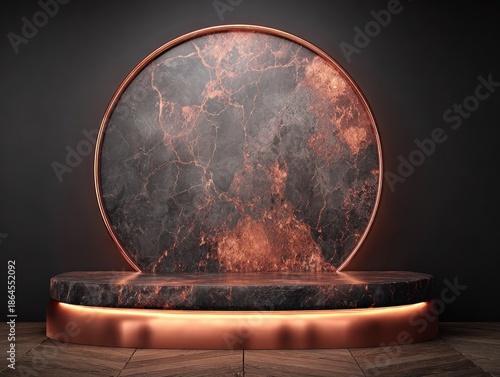 Elegant marble podium with copper accents for product display or presentation