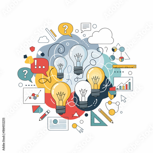 Illustrazione concettuale di idee, innovazione e brainstorming con lampadine e icone di business.