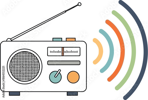 Simple graphic illustration of a vintage style portable radio device actively broadcasting audio signals through the air on a white background