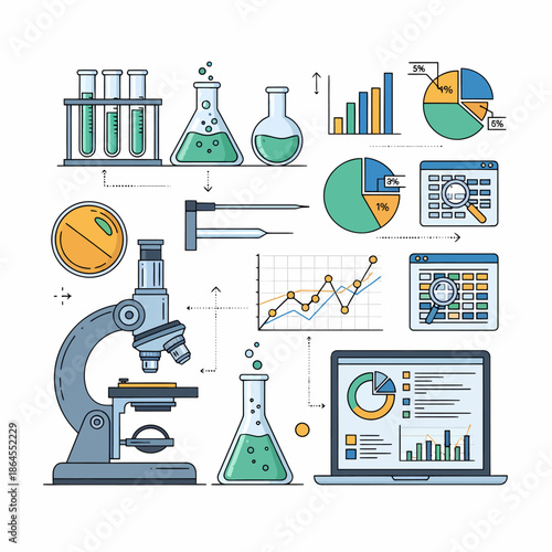 Illustrazione dettagliata di strumenti scientifici e analisi dati, con microscopio, provette, grafici e un laptop che mostra statistiche.