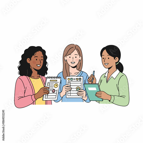 Tre donne sorridenti di diverse etnie che collaborano, esaminando documenti e prendendo appunti, simboleggiando lavoro di squadra e studio.