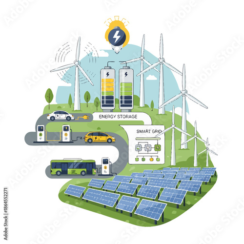 Illustrazione dettagliata di una smart grid che integra energia eolica, solare, stoccaggio e veicoli elettrici per un futuro sostenibile.