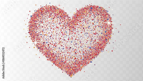 Heart shape made of colorful confetti and glitter sparkling abstract design for Valentines Day or love concepts isolated on transparent background