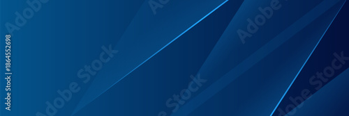 Abstract modern blue horizontal banner background with geometric diagonal overlay layer and glowing lines.