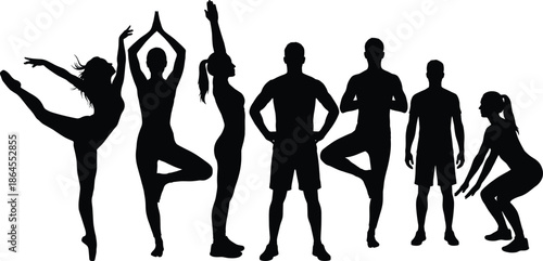 Black silhouettes of diverse people practicing yoga and fitness poses isolated on white background for wellness, balance, flexibility, meditation, exercise, healthy lifestyle concept illustration