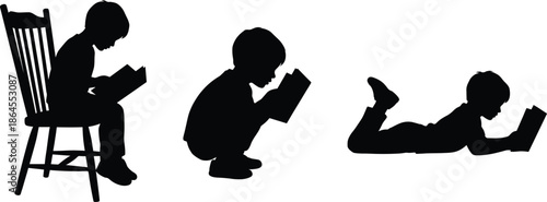 Children reading books silhouette, kid education concept, childhood learning stages, boy reading posture evolution, black shadow illustration, literacy development, imagination growth, minimal design