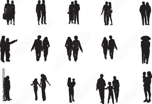 Collection of Black Silhouettes of People Walking and Standing Together on White Background Keywords: silhouette, people, walking, standing, couple, family, man, woman, child, umbrella, bag