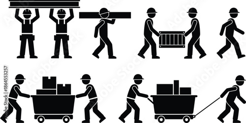 Construction workers handling materials icons set showing lifting carrying pushing carts teamwork logistics safety industrial labor silhouettes warehouse transport manufacturing engineering workflow 