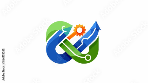 Abstract Logo Design with Gear and Arrow Elements for Technology Solutions.