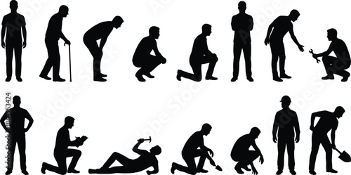 Human male silhouette set showing standing kneeling squatting digging working poses, black people figure collection isolated on white background for design usage