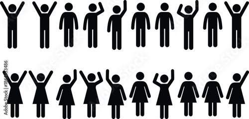 Male and female human pictogram icons set, people silhouettes standing and raising hands, crowd diversity symbols, restroom signage style vector illustration isolated