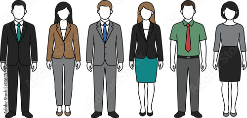Professional business people illustration, diverse office staff team standing together, corporate employees in formal and casual attire, flat design vector style concept