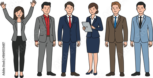 Professional business team illustration, diverse corporate employees standing together, office staff group characters, teamwork leadership concept, modern flat design, human resources